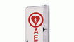 Cabinet mounts AED unit in plain view for fast response in an emergency