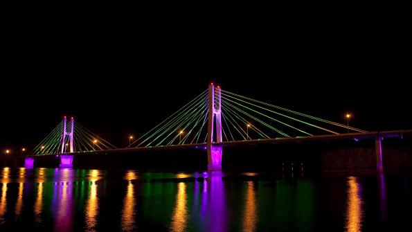 Colorful LEDs highlight city landmark