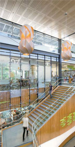 The library's atrium features a work of glass art by Northern California artist Sheri Simons.